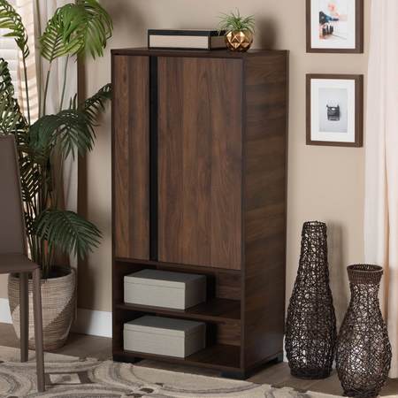 BAXTON STUDIO Raina ModernTwo-Tone Walnut Brown and Black Finished Wood 2-Door Shoe Storage Cabinet 195-11727-ZORO